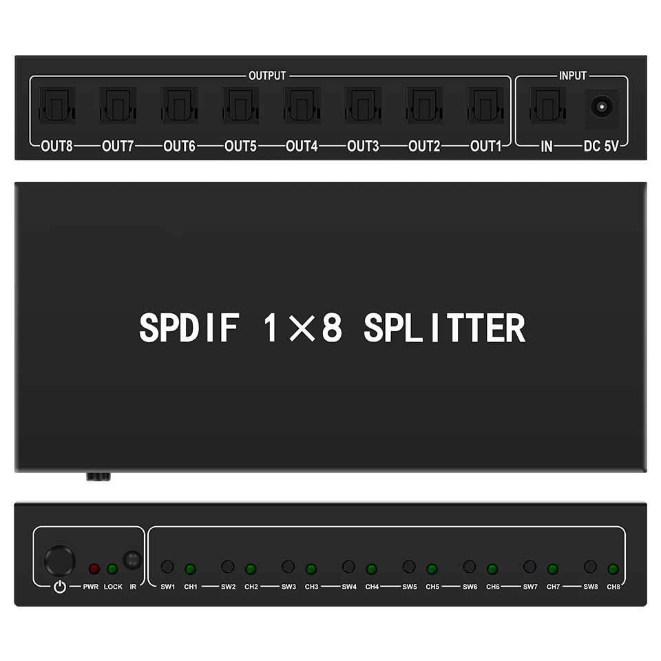 Home Cinema Experience - ตัวแยกสัญญาณเสียงออปติคอล1 in 8เอาต์พุตไฟเบอร์ออปติกตัวแยกสัญญาณ s/pdif สำหรับโฮมเธียเตอร์ลำโพงเพลย์สเตชันทีวีเครื่องเล่นดีวีดี