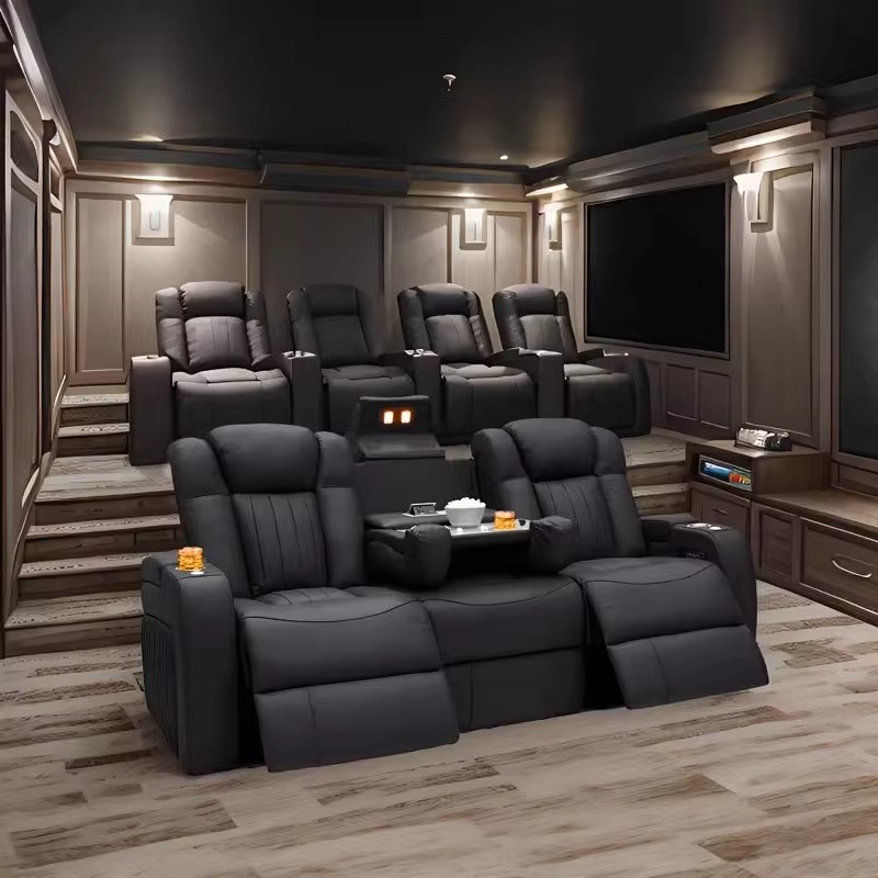 Home Cinema Recliners - ชุดโซฟาหนังปรับเอนนอนได้ โซฟาโฮมเธียเตอร์ปรับเอนนอนได้ด้วยระบบไฟฟ้า เก้าอี้ปรับเอนนอนแบบโรงภาพยนตร์ สีดำ หนังแท้